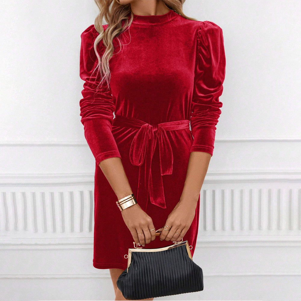 Elegant mini velvet dress for women with bow belt and sophisticated puff sleeves Chic & Stil