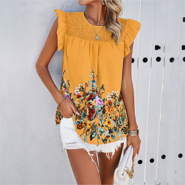 Women Trendy Fluid Blouse Top with Floral Design and Ruffle Details Lune London
