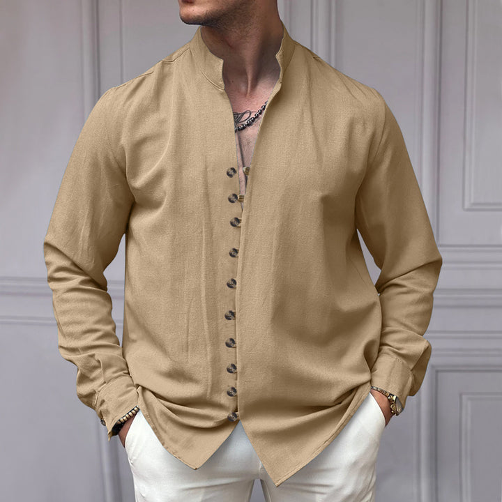Men's long sleeve shirt with high collar and fashionable button details Lune London