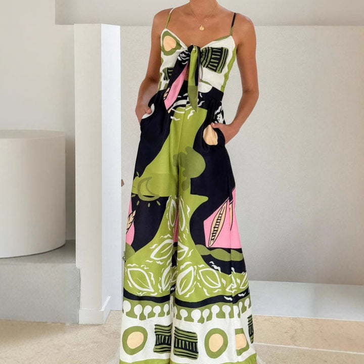 Chic & Stylish Women's Elegant Jumpsuit with Playful Tie-Dye Pattern and Side Tie Belt