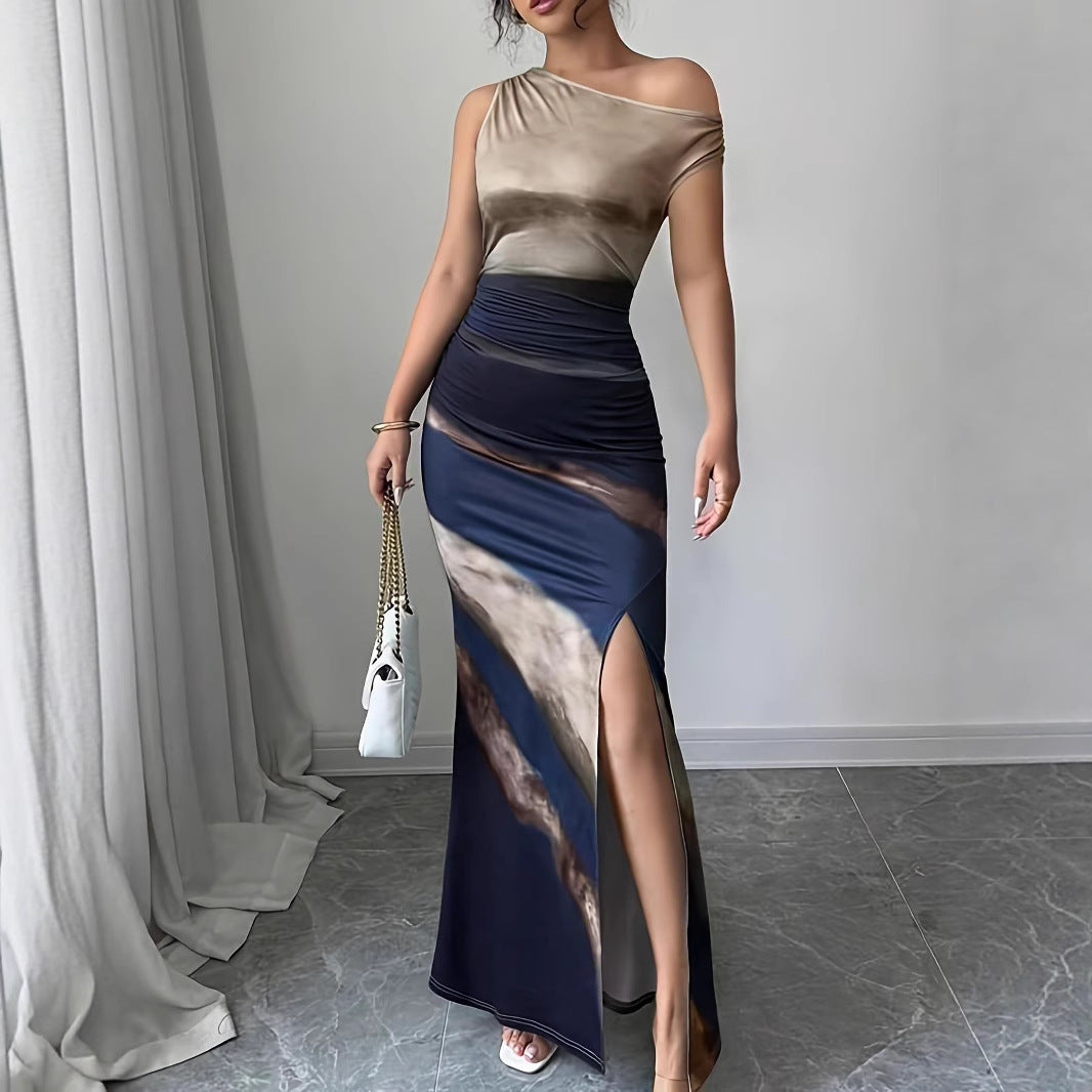 Ladies Elegant Maxi Dress with Asymmetrical Neckline and Side Slit Lune London