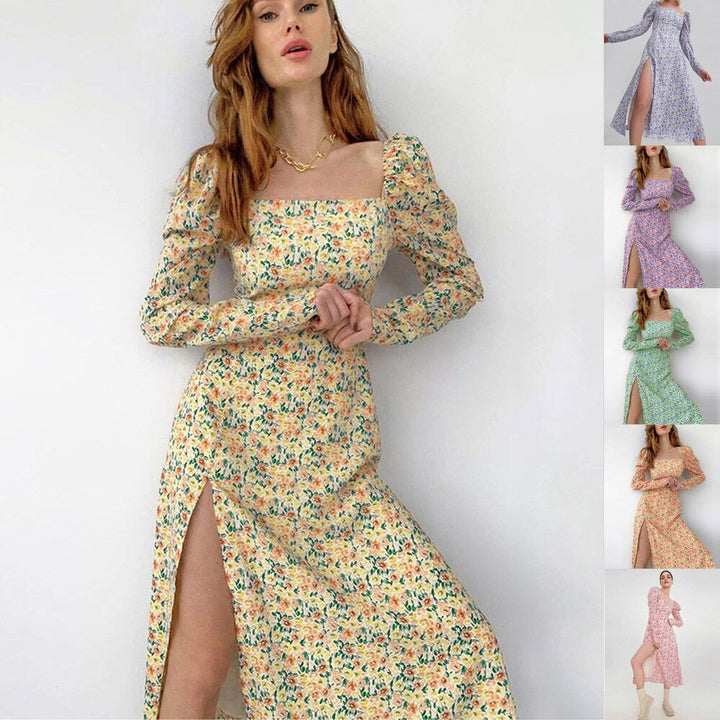 Maxi flower dress for women with asymmetrical slit and puff sleeves Lune London
