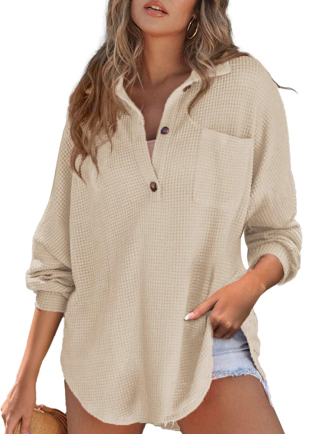 Casual waffle knit sweater for women with button placket and chest pocket Lune London