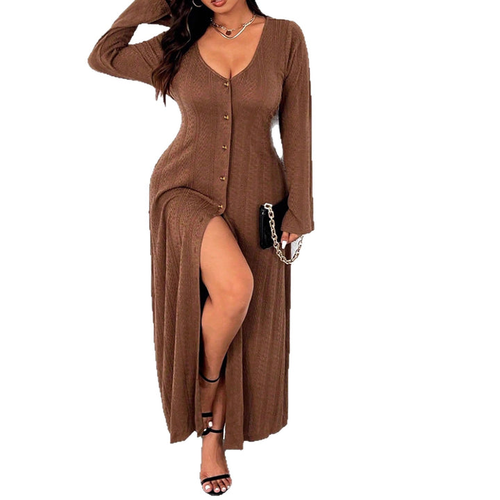Maxi dress for women with button placket and elegant slit Lune London