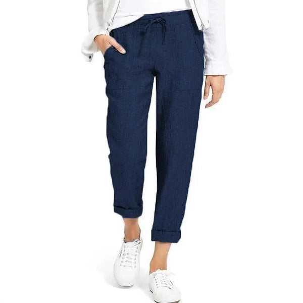 Relaxed linen trousers for women with elastic waist and practical pockets Lune London