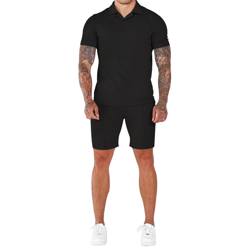 Casual short-sleeve men’s set with textured design and modern mock collar Lune London