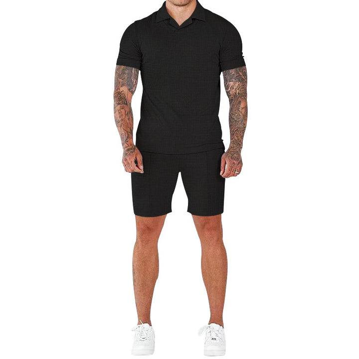 Casual short-sleeve men’s set with textured design and modern mock collar Lune London