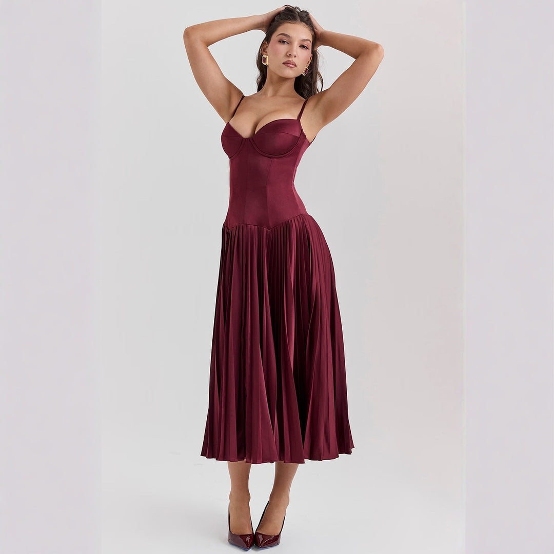 Ladies Elegant Maxi Dress with Corset Top and Flared Skirt Lune London