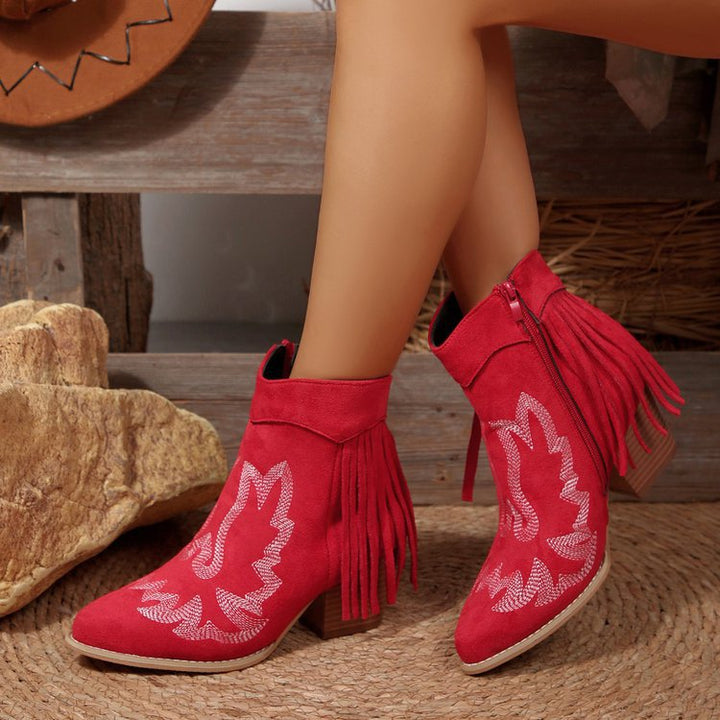 Stylish ankle boots for women with fringed detail and stylish patterned print Lune London