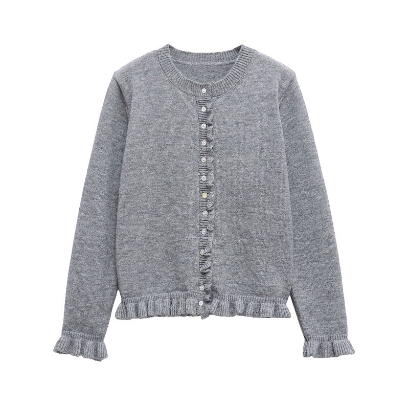 Casual knit jacket for women with ruffle details and a button closure Lune London