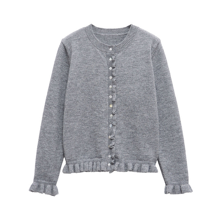 Casual knit jacket for women with ruffle details and a button closure Lune London