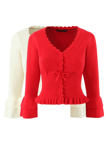 Short sleeve knitted jacket for women with ruffle details and button closure Lune London
