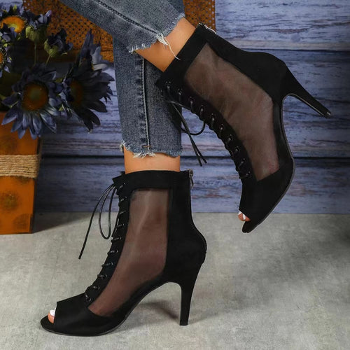 High-heeled semi-open boots for women with transparent side inserts and laces Lune London