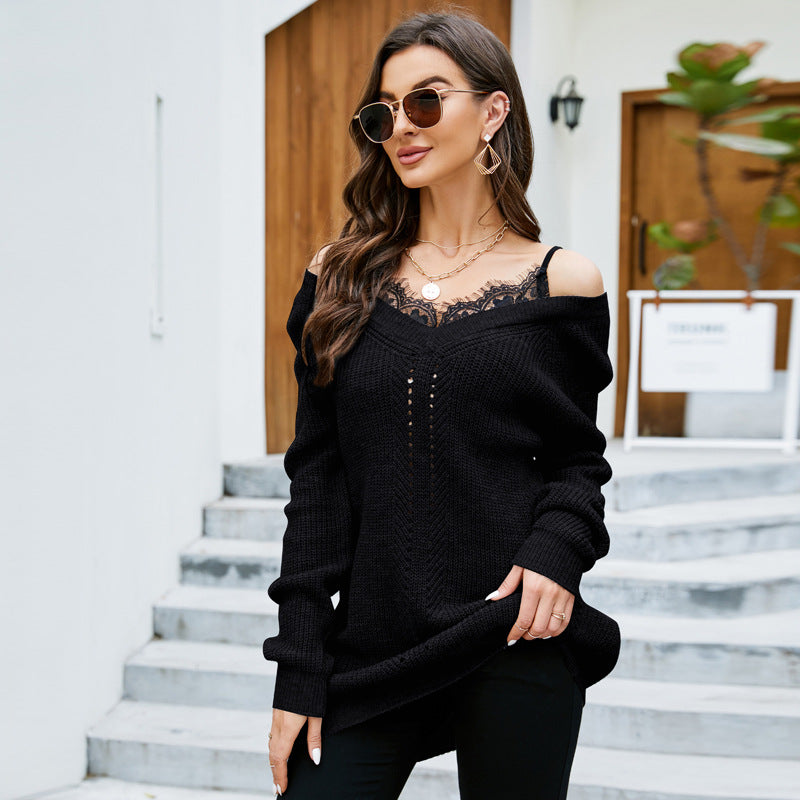 Casual knit sweater for women with a deep V-neckline and off-the-shoulder Lune London