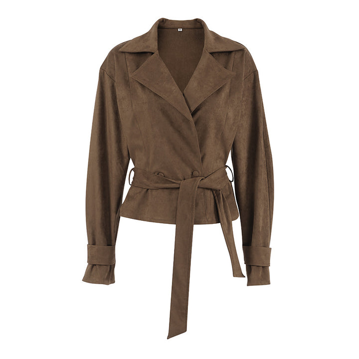 Suede leather trench coat for women with tie belt and wide lapels Lune London