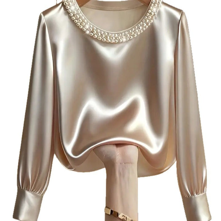 Ladies elegant satin blouse with pearl collar Lune London