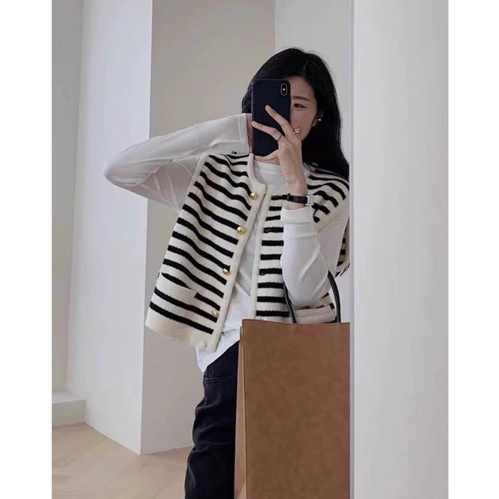 Striped contrast knit vest for women with golden buttons Lune London