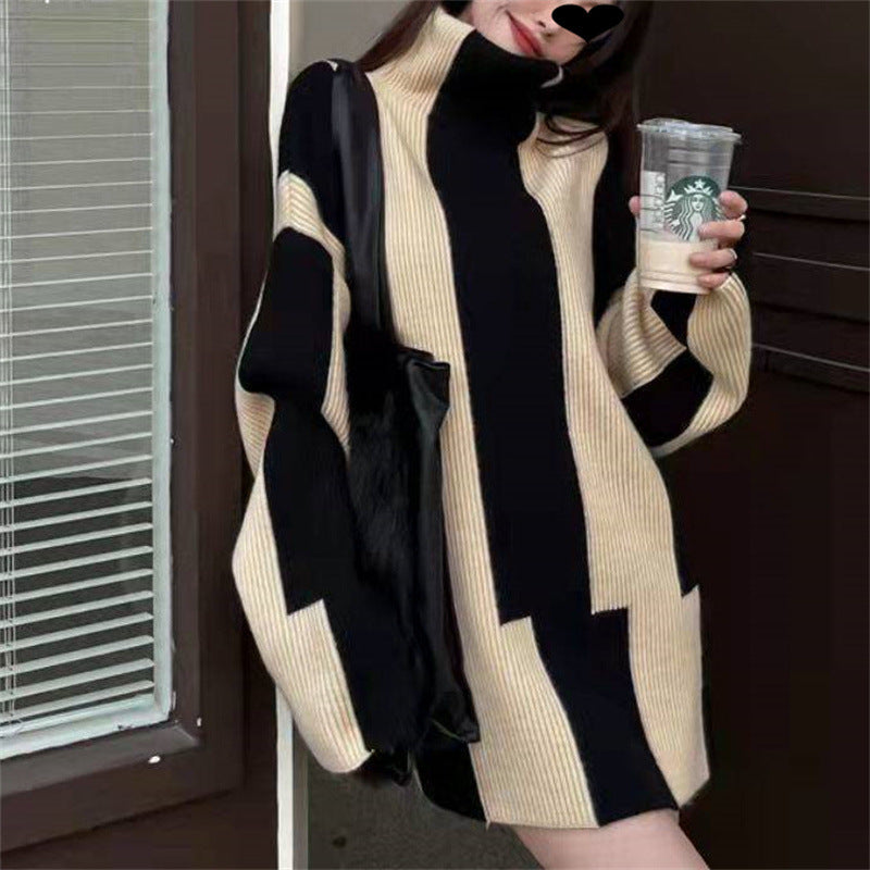 Oversized knit dress for ladies with high collar and graphic pattern Lune London