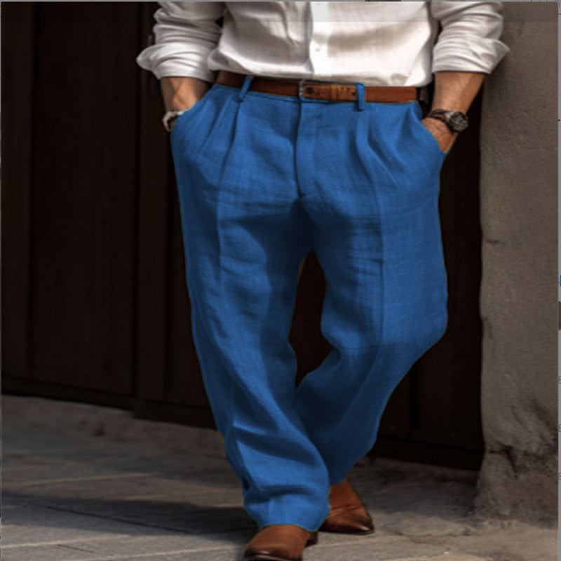 Pantalon en lin élégant pour hommes avec coupe slim et deux poches pratiques à ouverture italienne Lune London