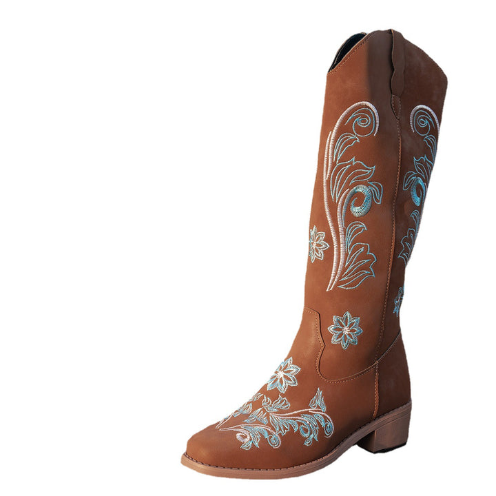 Women's cowboy boots with handmade floral details and a comfortable block heel Lune London