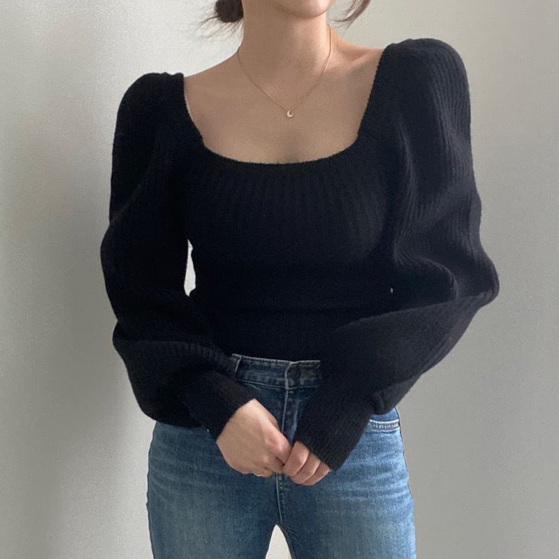 Fine knit sweater for women with a modern square neckline and flared sleeves Lune London