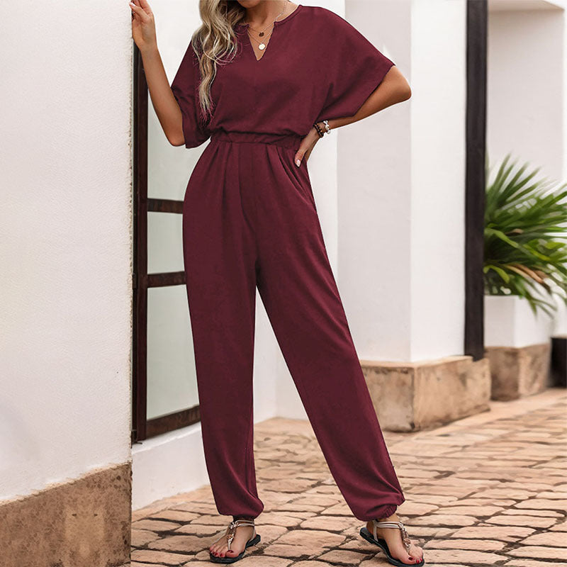 Ladies Elegant V Neck Jumpsuit with Elastic Waist and Wide Legs Lune London