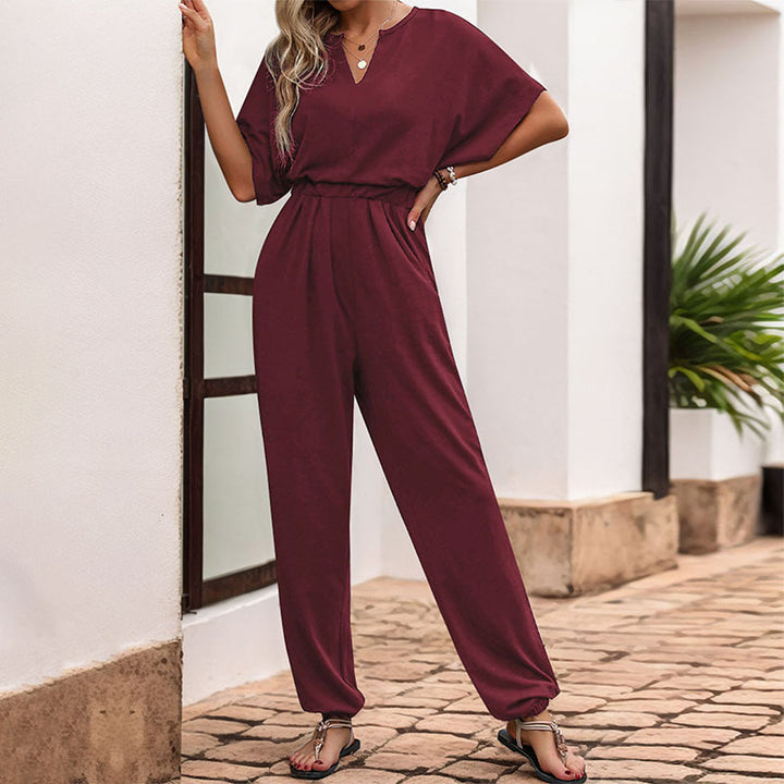 Ladies Elegant V Neck Jumpsuit with Elastic Waist and Wide Legs Lune London