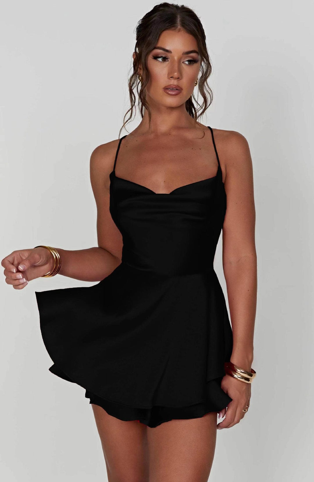 Women's Satin Mini Dress with Flared Skirt and Fine Spaghetti Straps Lune London