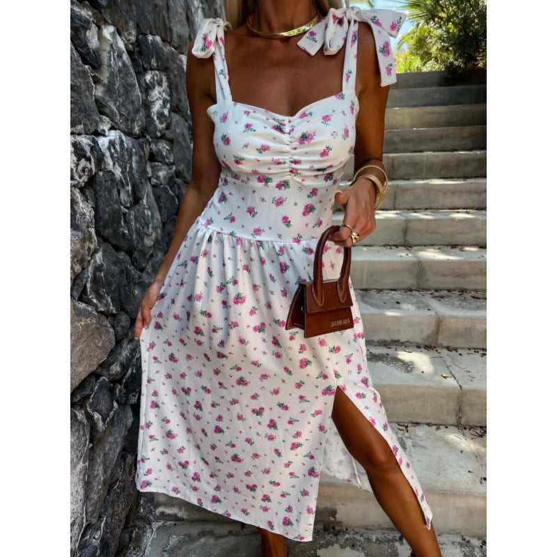 A-line midi dress for women with bow straps Lune London