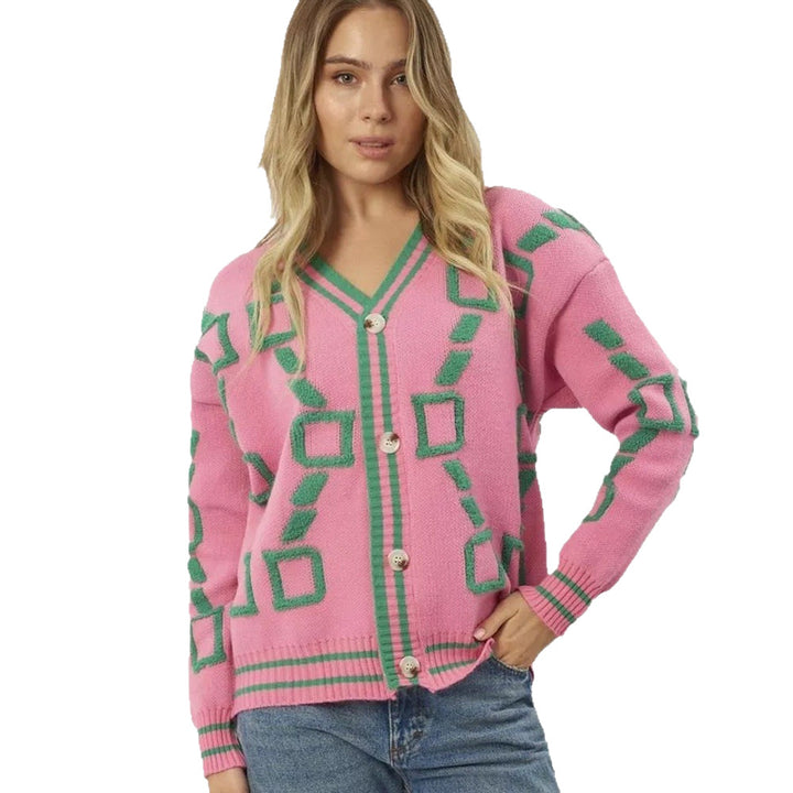 Cardigan pour femmes avec motif géométrique coloré et détails de boutons Chic & Stil