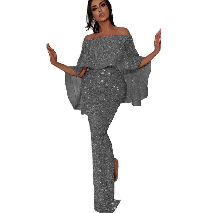 Women elegant long jumpsuit down to the floor with a strapless design and a sparkling fabric Lune London