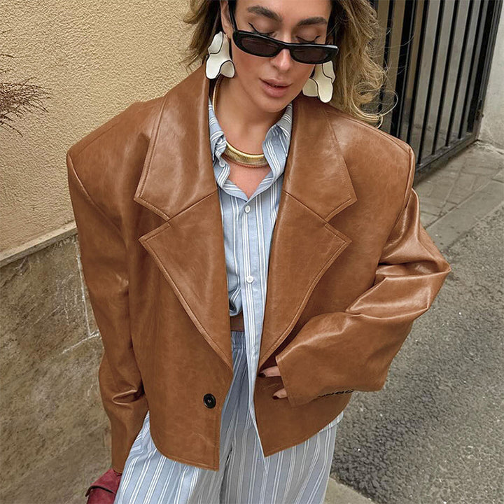 Oversized faux leather jacket for women with textured details Lune London