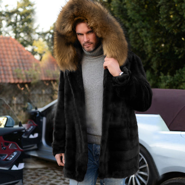 Luxurious faux fur coat for men with voluminous collar and zippered pockets Lune London