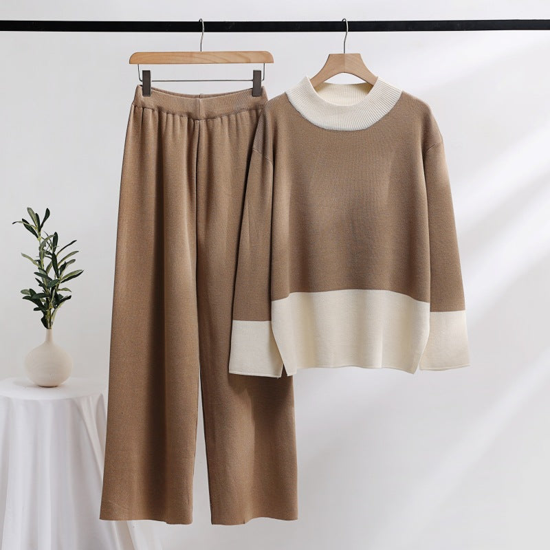 Elegant knit loungewear set for women with wide waistband and decorative collar Lune London