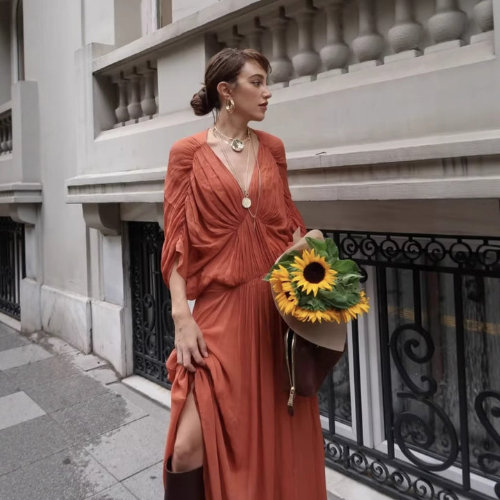 Maxi dress for women with a fluid and elegant draped silhouette Lune London