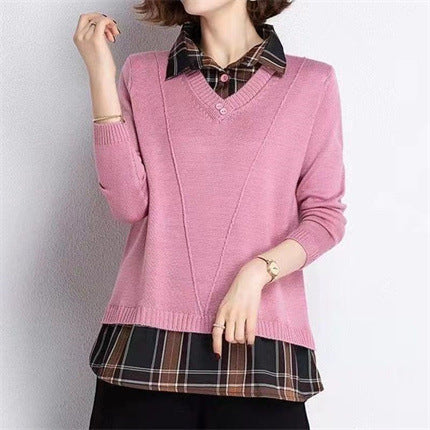 Women's layered knit pullover with V-neck and trendy blouse.