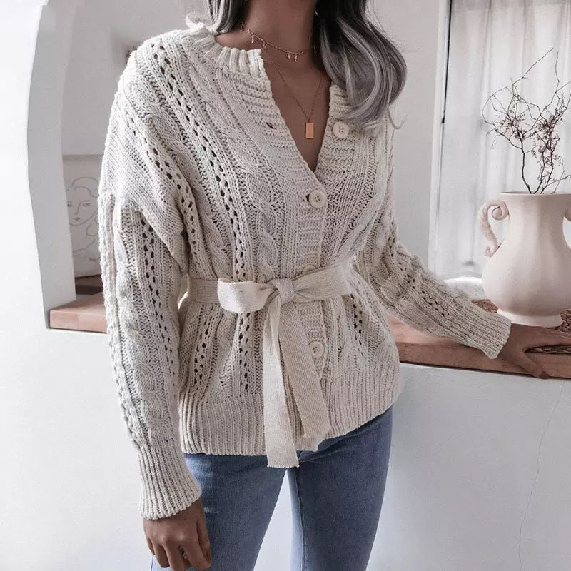 Knit jacket for women with waist belt and refined decorative patterns Lune London