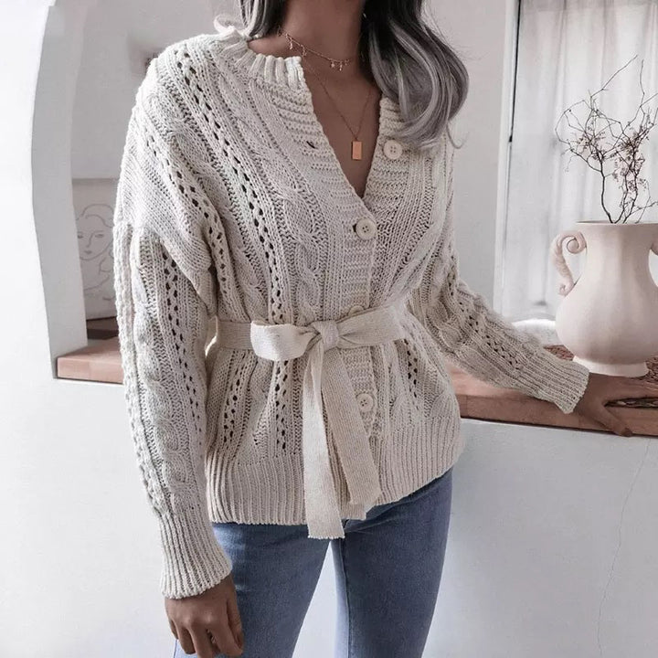 Knit jacket for women with waist belt and refined decorative patterns Lune London