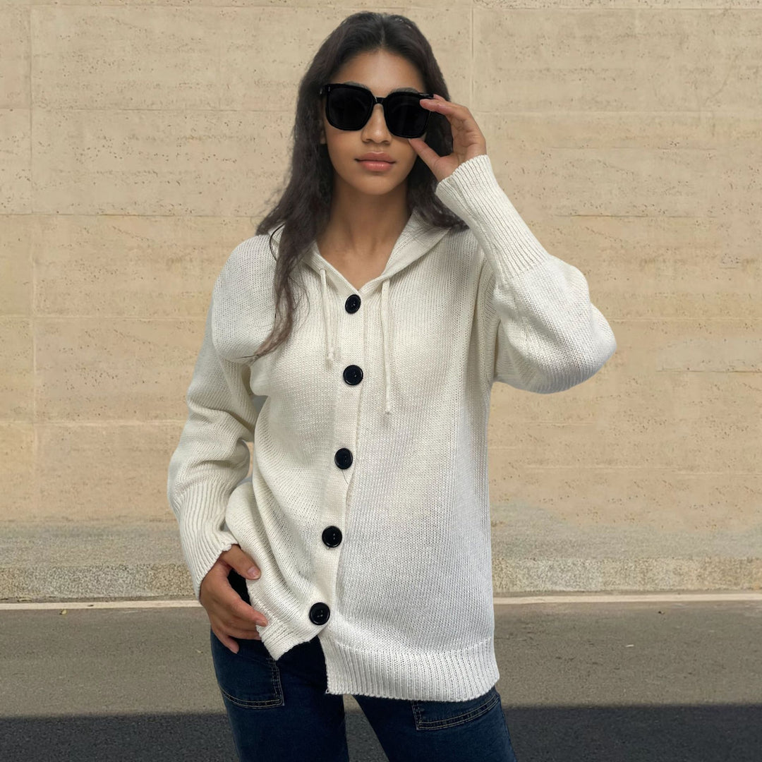 Casual knit cardigan for women with hood and large buttons Lune London