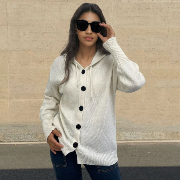 Casual knit cardigan for women with hood and large buttons Lune London