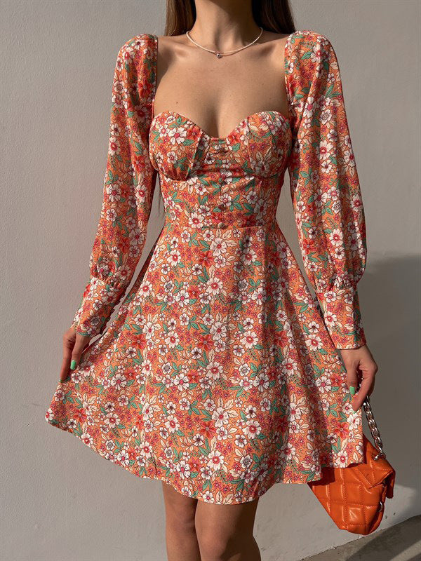 Women Puff Sleeve Dress with Romantic Floral Pattern and Heart-Shaped Neckline