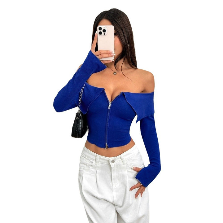 Short women's top with asymmetrical zipper closure and off-shoulder neckline design.