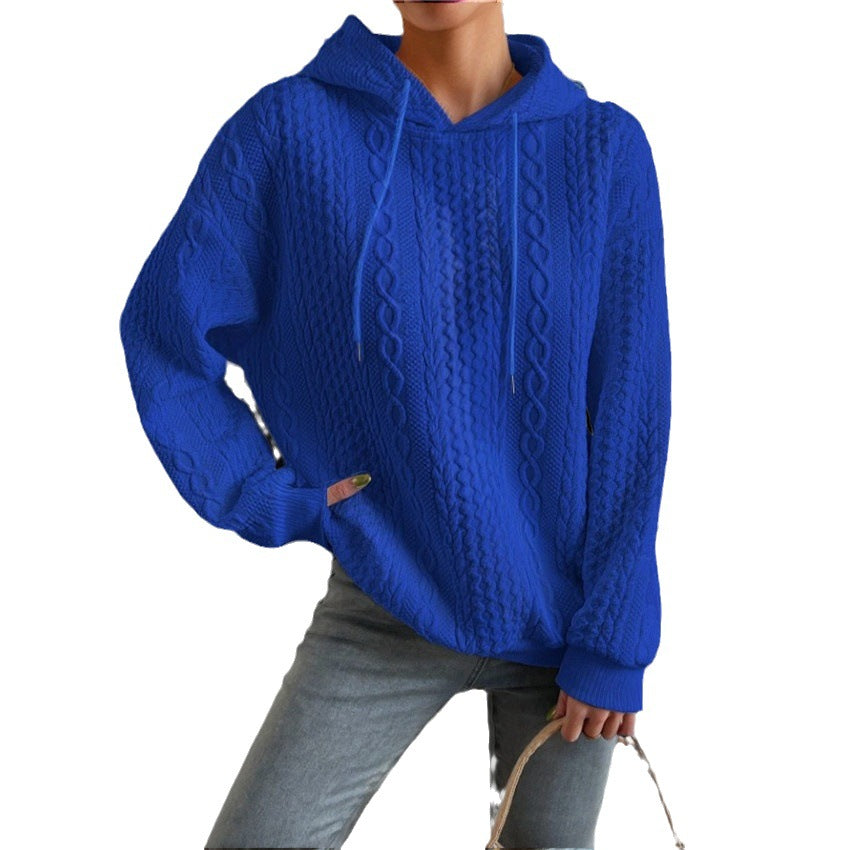 High-quality knit sweater for women with hood and decorative cable pattern Lune London