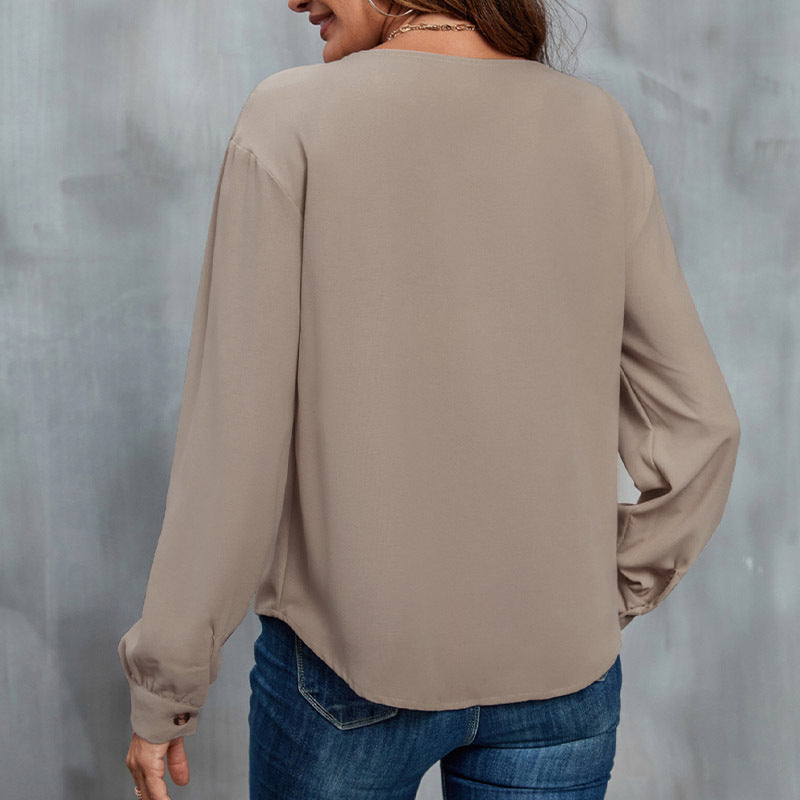 Elegant blouse for women with asymmetrical collar and button placket Lune London