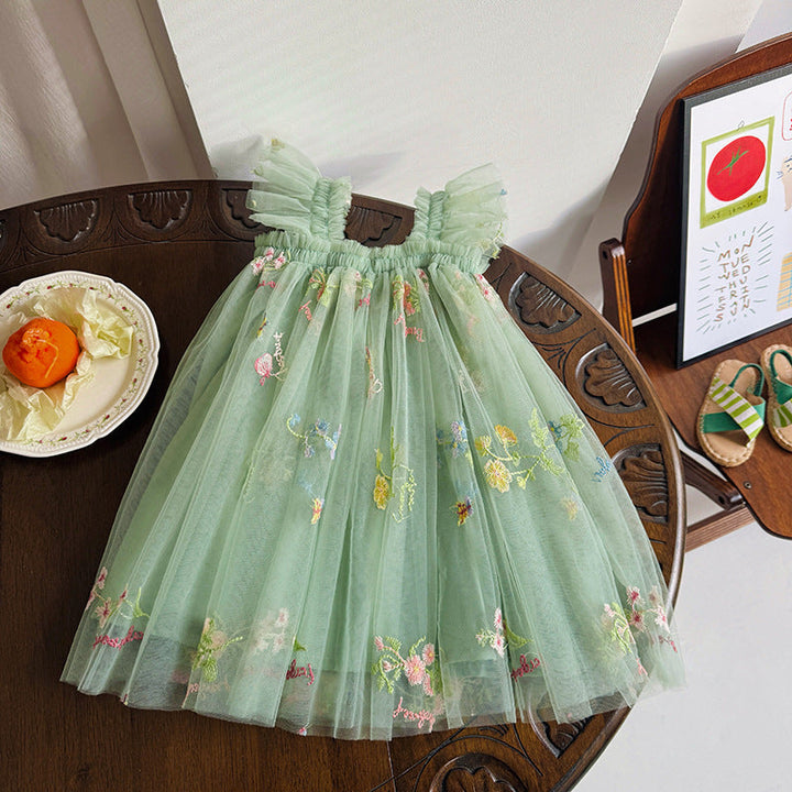 Girls Embroidered Tulle Party Dress with Ruffle Straps Lune London