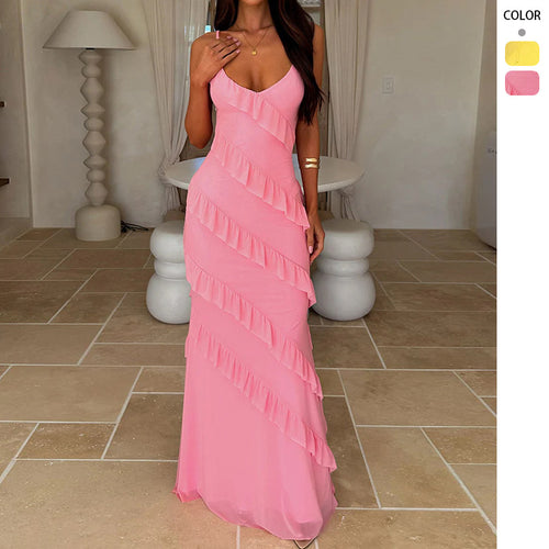 Women's maxi dress with elegant ruffle design and adjustable straps Lune London