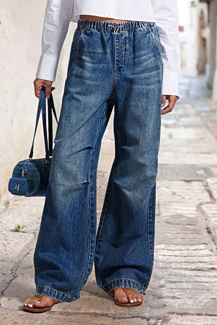 Women's Wide Denim Pants with Elastic Waist and High Pockets Lune London