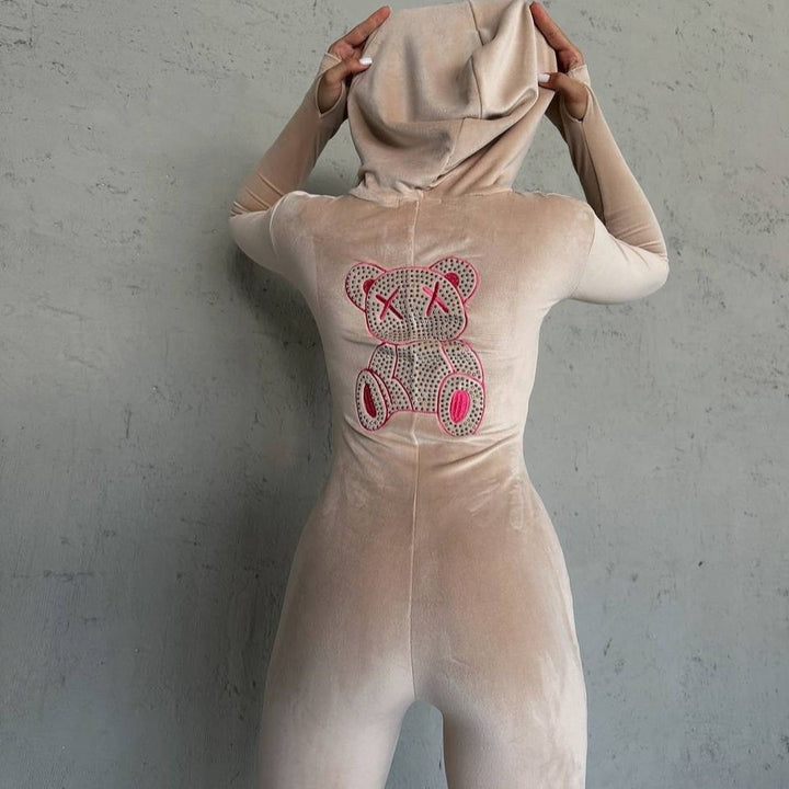 Hooded dress for women with sparkling bear pattern and fitted cut Lune London