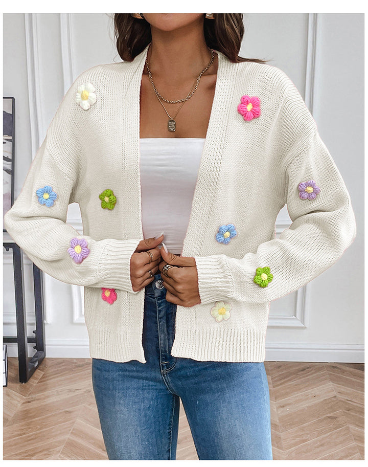 Ladies casual knitted cardigan with colorful flower appliqués Lune London