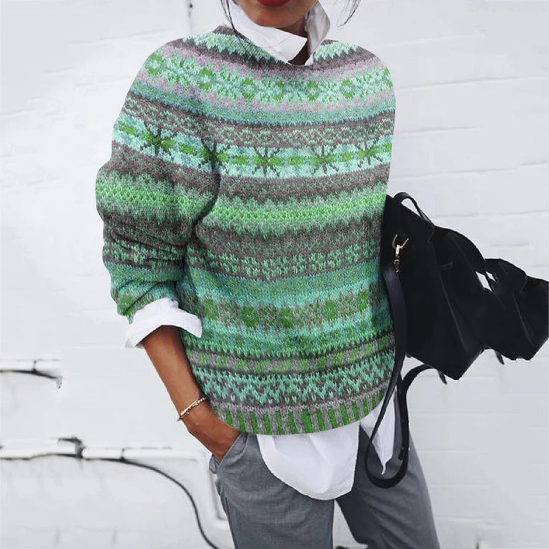 Women's Knit Sweater with Colorful Norwegian Pattern and Round Neck Chic Und Stil